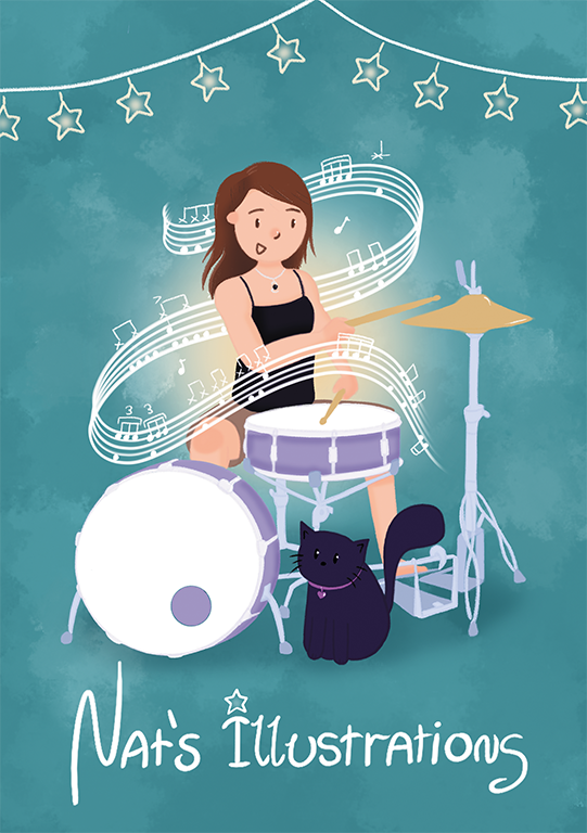 Illustration work of a drummer by student natalie gains