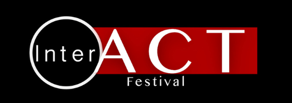 interact acting festival logo for arc stockton arts centre. Which typography featuring a red square on a black background