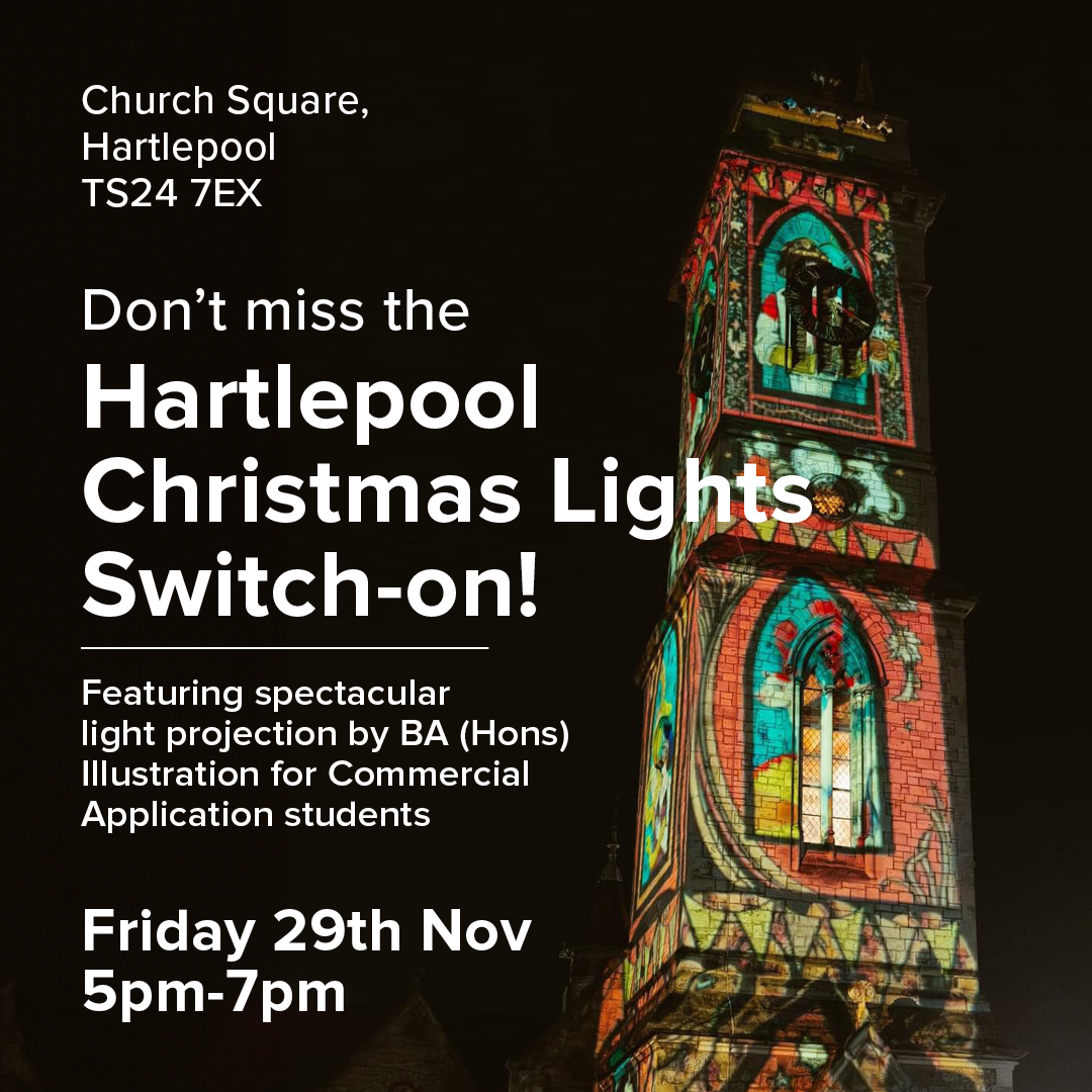 Text announcing Christmas Lights Switch-on event in Hartlepool. Visual of tower with projected illustrations. White text and black background