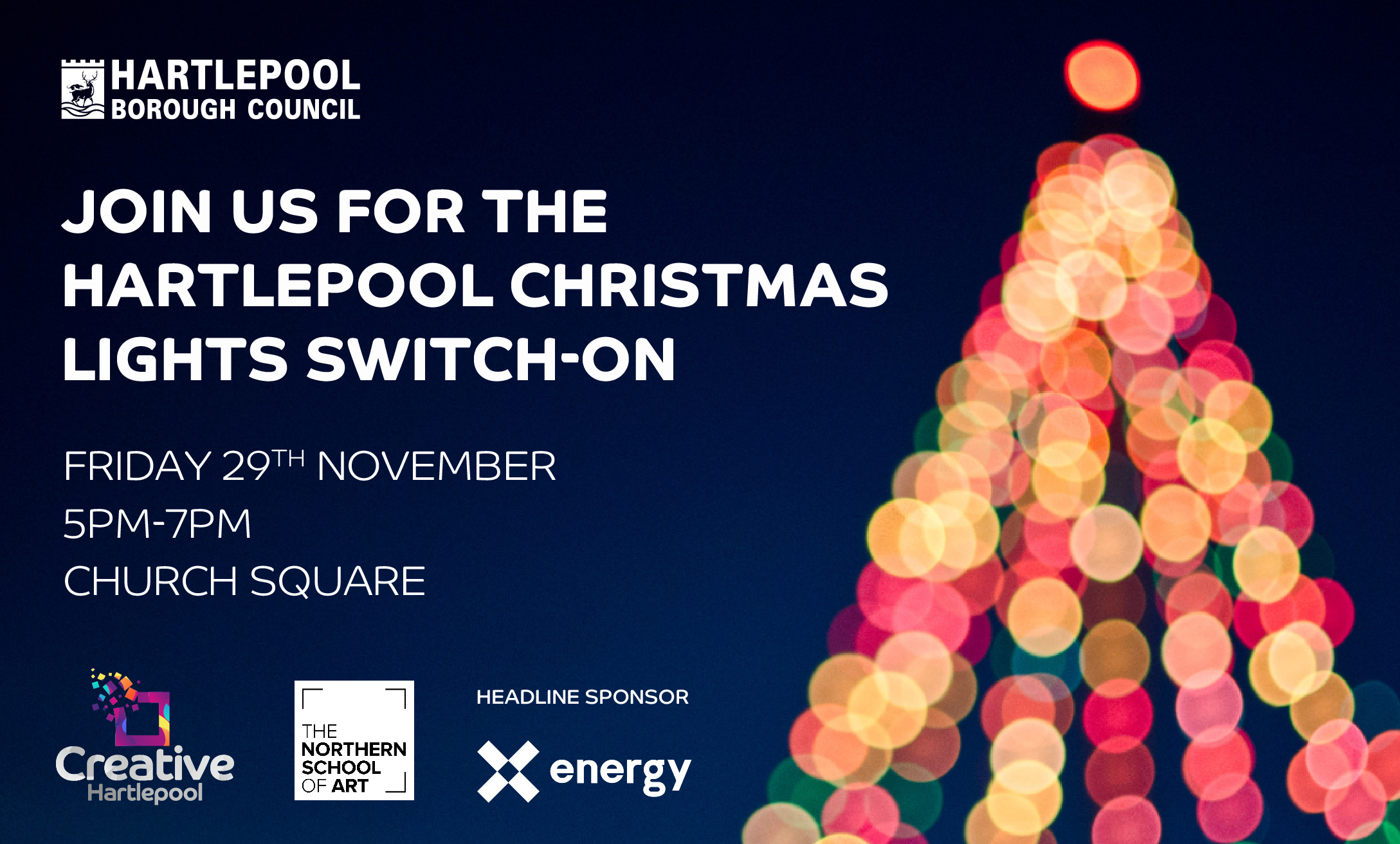 Graphic promoting Hartlepool Christmas Lights Switch-on event. Blue background and white text 