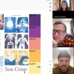 Online feedback session with headline books online screen with a presentation and three people watching