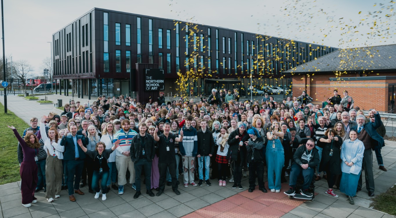 Staff and students celebrating the third Outstanding Ofsted rating for The Northern School of Art’s Middlesbrough campus – med res