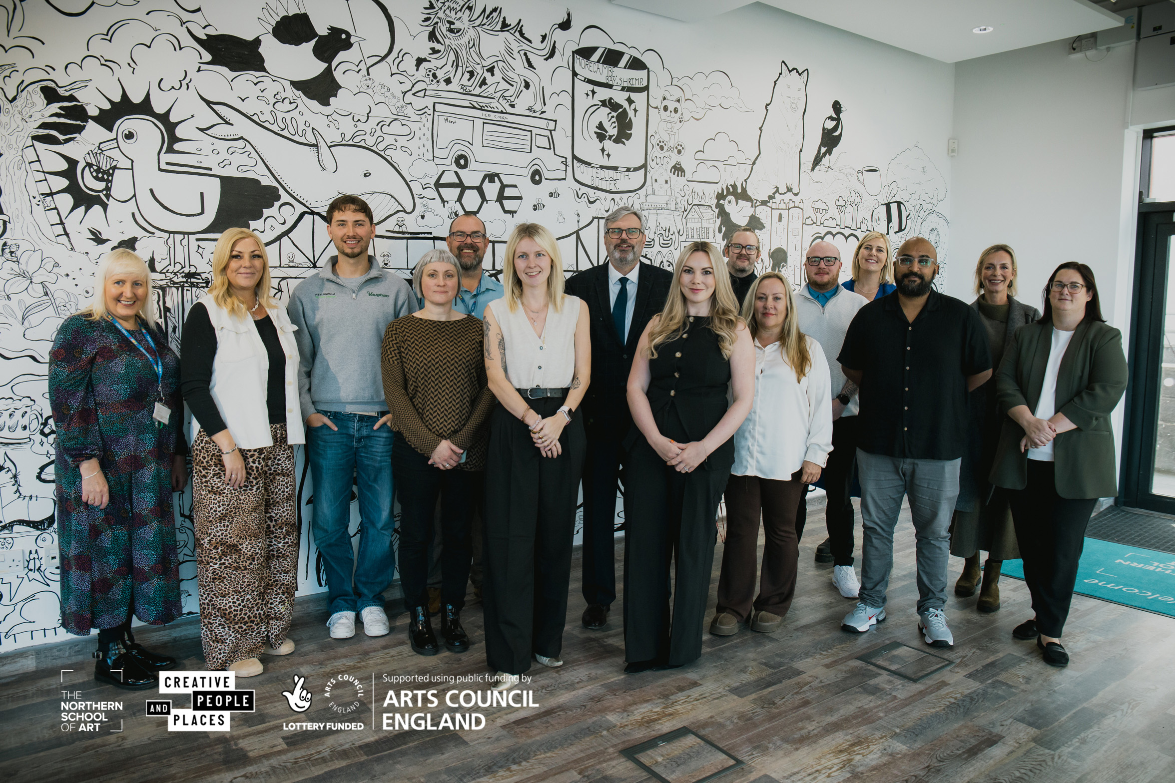 Principal Martin Raby, Jess Tones & Olivia Burton from The Northern School of Art with the Rock Pools consortium partners, supporters and match funders.
